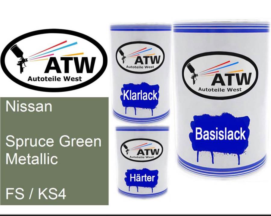 Nissan, Spruce Green Metallic, FS / KS4: 500ml Lackdose + 500ml Klarlack + 250ml Härter - Set, von ATW Autoteile West.
